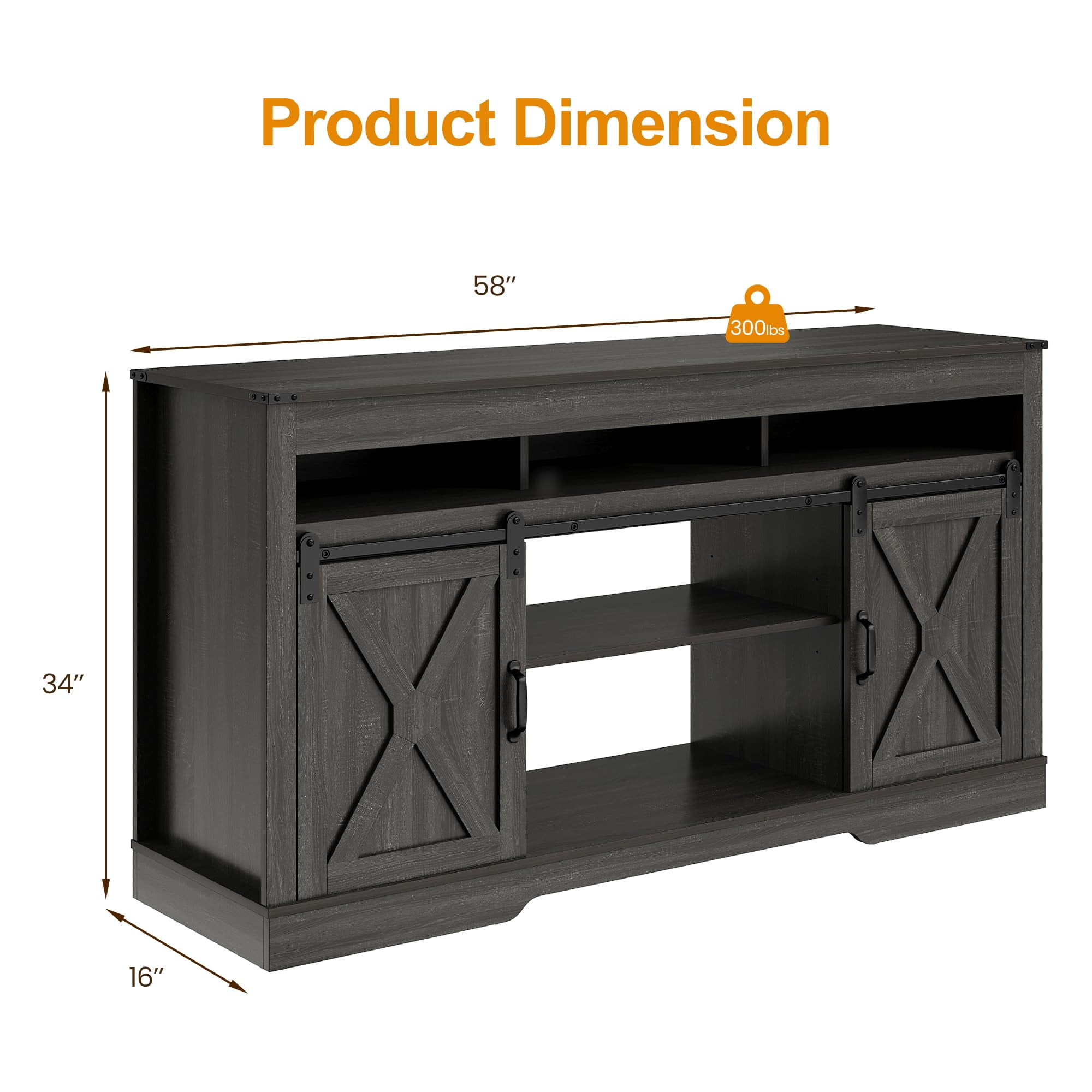Heynemo TV Stand for 65+ Inch TV, Farmhouse 34'' Tall Entertainment Center for 23" Fireplace, Rustic TV Console with Sliding Bar Door for Living Room (Dark Grey)