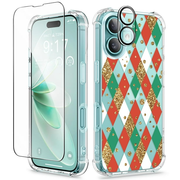Funda GVIEWIN para iPhone 16 Plus de 6.7 pulgadas, transparente con forma de diamante navideño