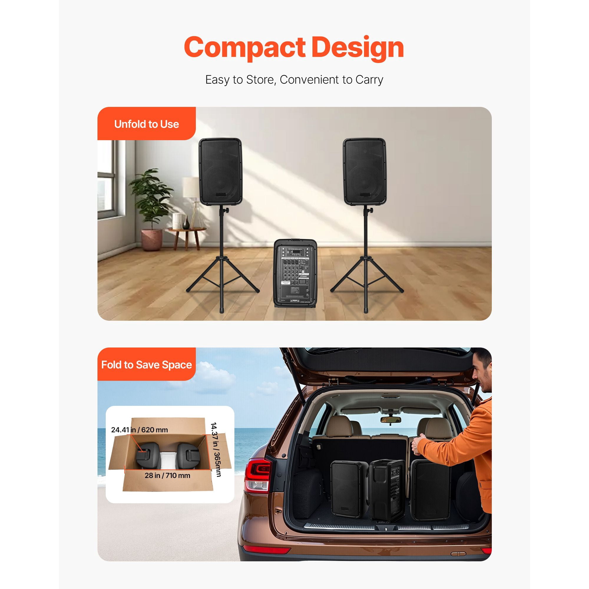 Portable PA System, 300W Powered, Sound System Set with 8 Channel Mixer, Dual Speakers, Wireless Bluetooth, Microphone, Compact Stands, USB SD XLR RCA Inputs, Remote Control, for DJs Events
