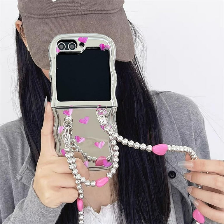 Curly Wave Frame Case for Galaxy Z Flip 5 Cute Mirror Print, Lovely Girly Phone  Case for Samsung Galaxy Z Flip 5 with Pink Hearts, Fashion Woman Case for Z  Flip 5 (