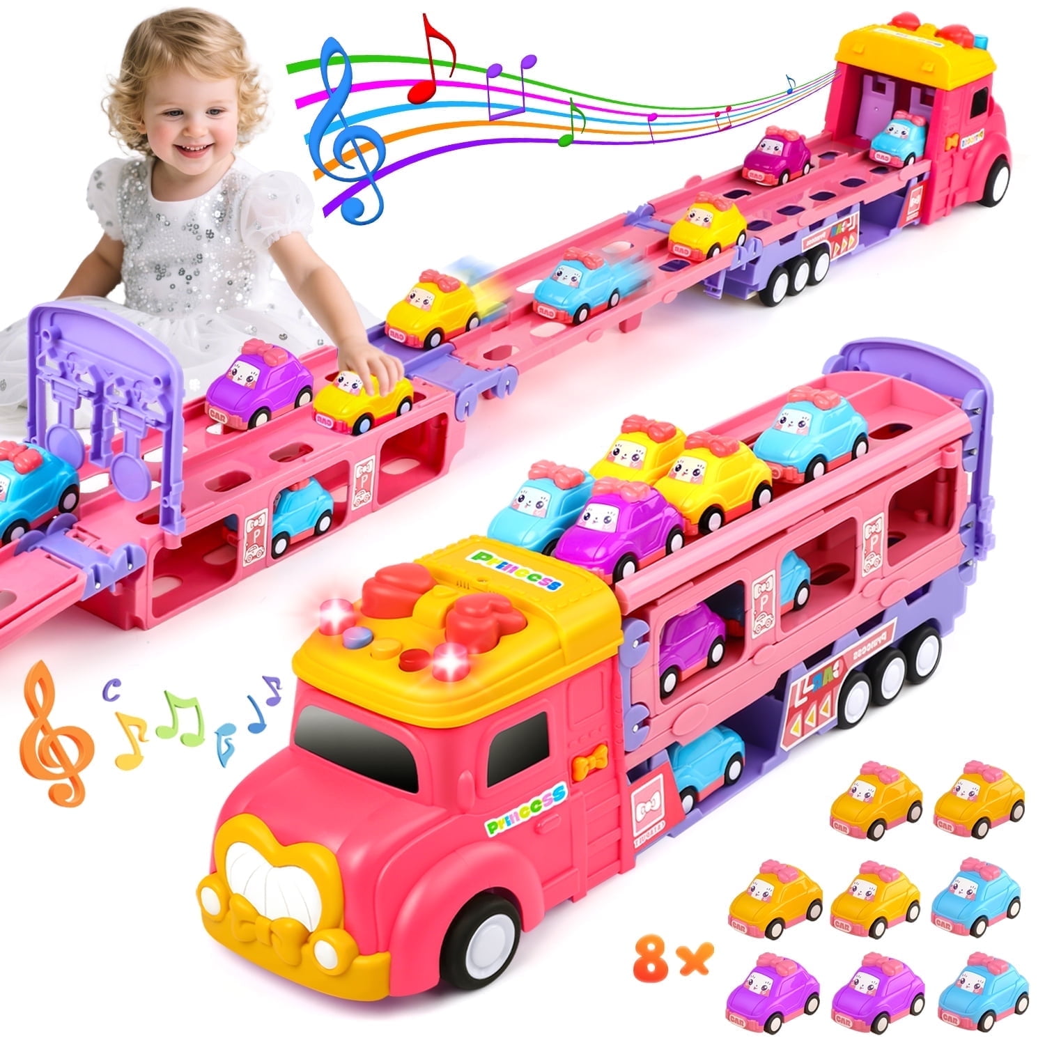 UUSUOO Truck Toys for Girls,9 IN 1 Pink Princess Toys Carrier Truck Race Track Toys for Kids,Foldable Transport Truck with Lights & Music,Christmas Birthday Toys Gift for Girls 3 4 5 6+