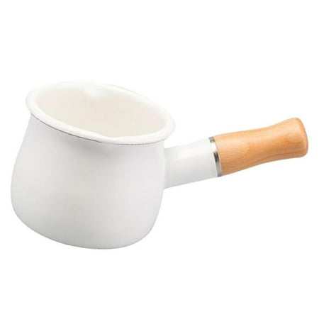 

550ml Small Enamel Milk Cooking Sauce Wooden Handle Cookware White