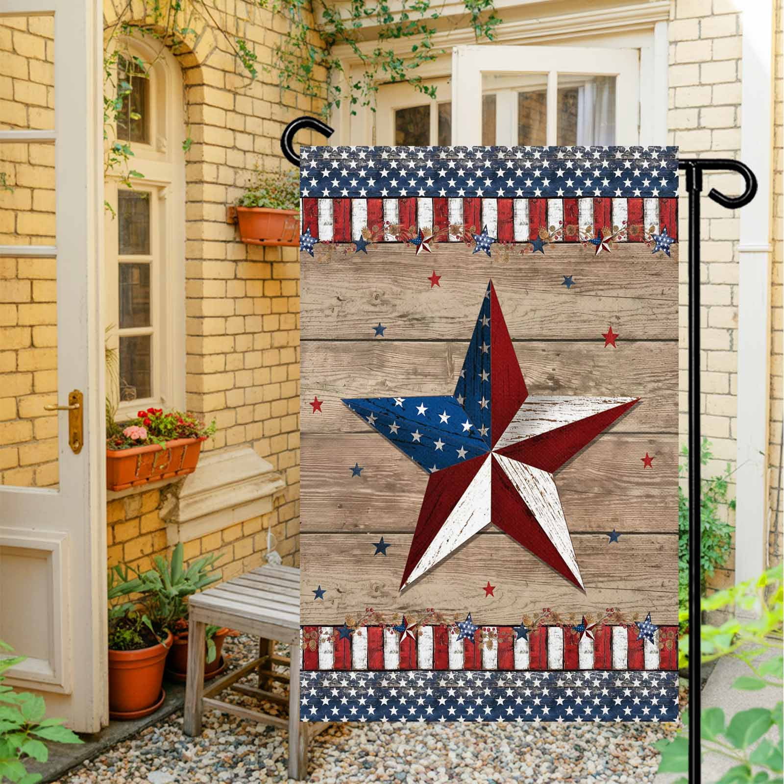 4th of July Garden Flags Patriotic Stars Garden Flag Double Sided Welcome Flag Red White and Blue Wood Grain Independence Day Yard Flags for Outdoor Lawn Porch Memorial Day Holiday Decor 28x40 Inch