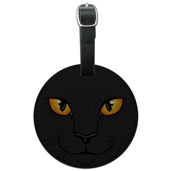 Black Cat Face Pet Kitty Round Leather Luggage Card Suitcase Carry-On ID Tag