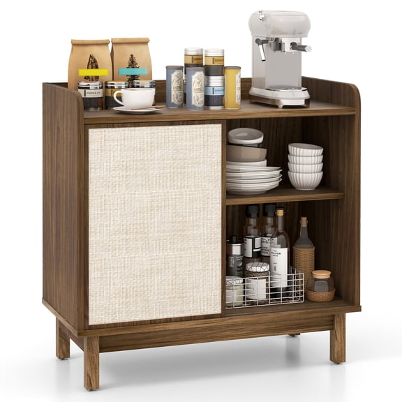 Gymax Rattan Buffet Sideboard w/ Adjustable Shelves Storage Cabinet &Sliding Door