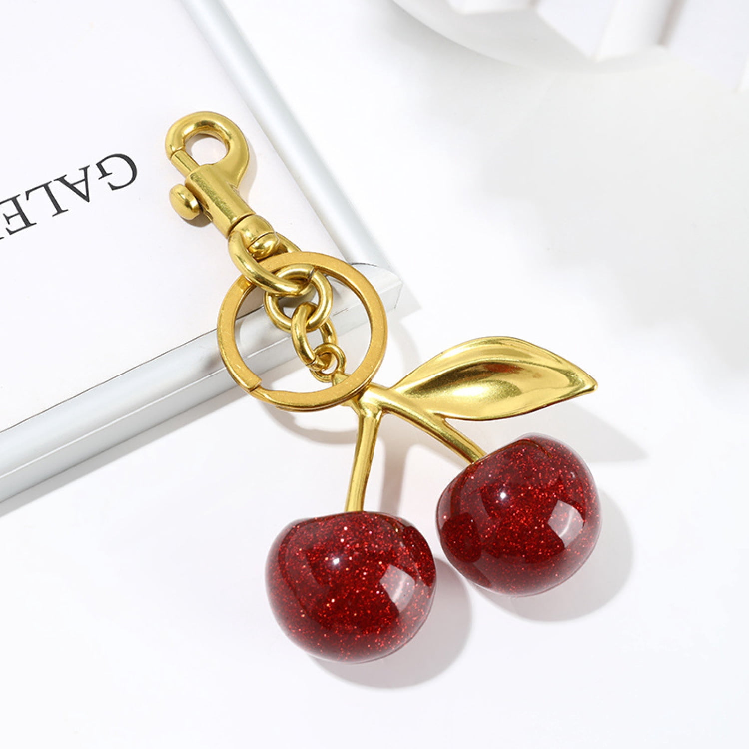 Cute Cherry Bag Charm for Purses and Bags,Fashionable Red and Gold Cherry Keyring,Keychain Decoration,5,5,Red