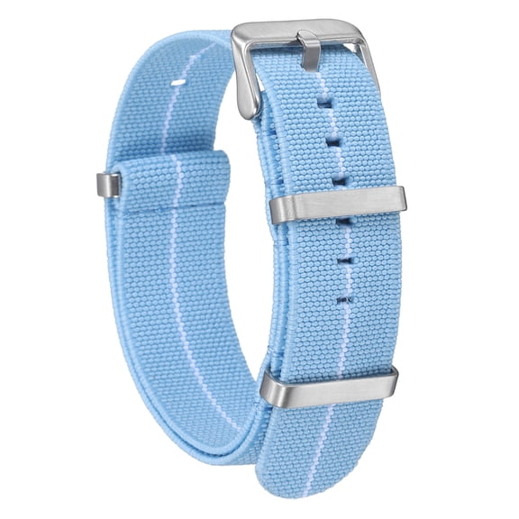 Uxcell Elastic Nylon Watch Band 22mm One-Piece French Watch Strap Waterproof Replacement Wristwatch Strap with Silver Buckle for Men Women, Light Blue/White