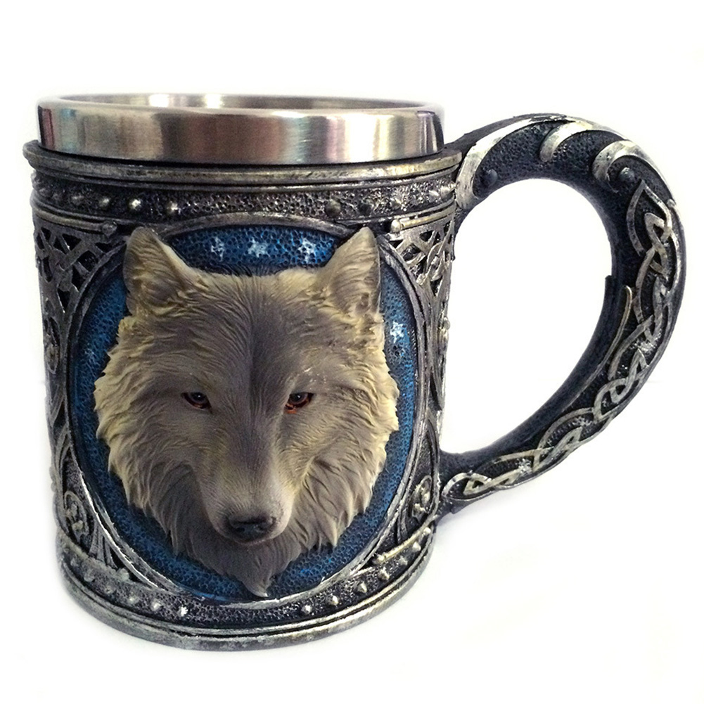 Ludlz Pacific Giftware Lone Spirit Wolf Celtic Magic Resin Coffee Mug with  Stainless Steel Wolf Head Stainless Steel Resin Beer Juice Milk Water Cup 