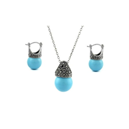 Marcasite Sterling Silver Jewelry Set - Genuine Marcasite And Sterling Silver Pearl Earring And Necklace Set