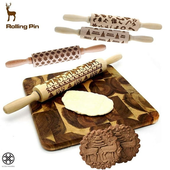 Luxtrada 13.8" 3D Christmas Embossed Engraved Rolling Pin Wood Embossed Rolling Pin Kitchen Tool Wooden Embossing Rolling Pin Christmas Gingerbread Biscuit Fondant Cake Patterned Roller