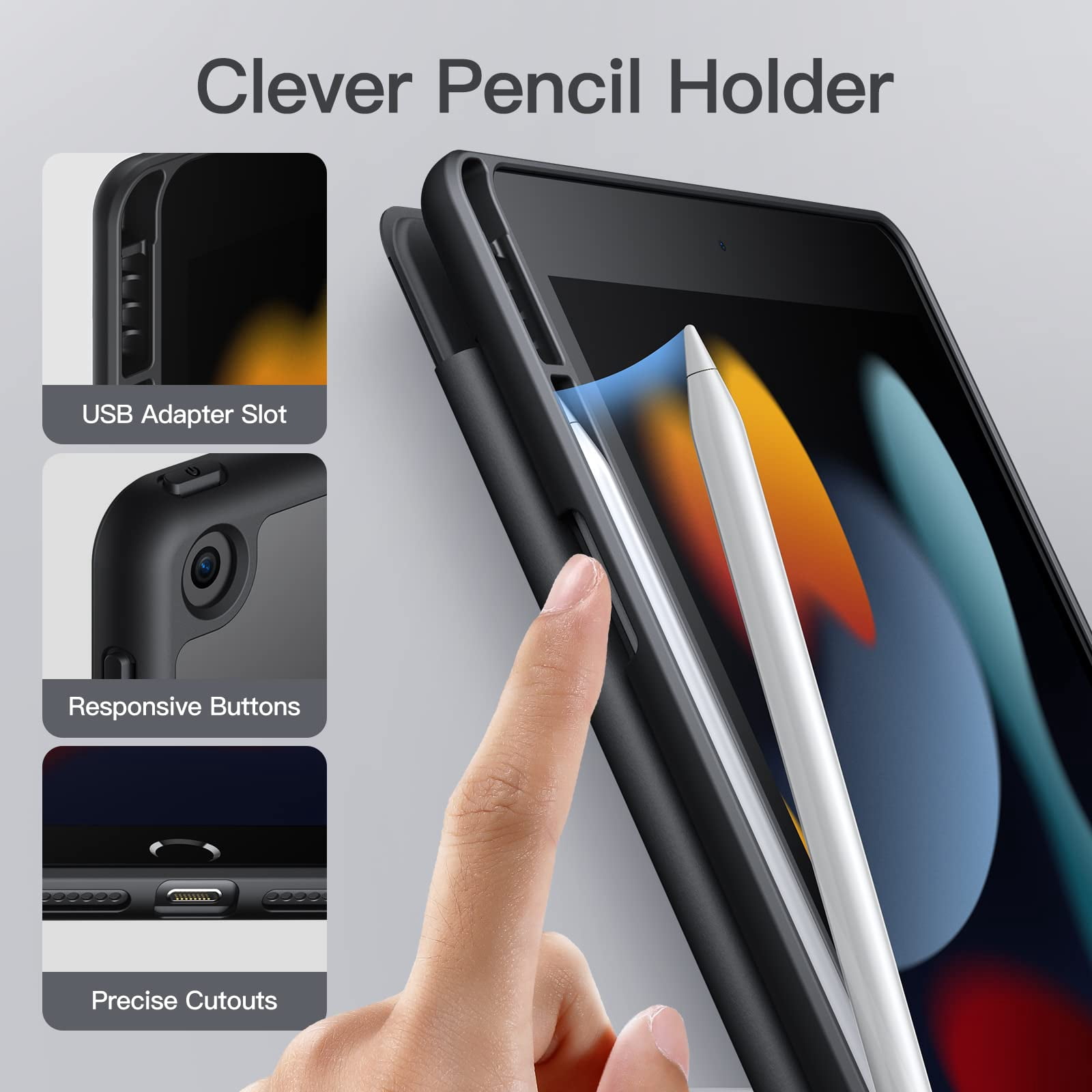 JETech Matte Case for iPad 9/8/7 (10.2-Inch, 2021/2020/2019 Model, 9th/8th/7th Generation) with Pencil Holder, Frosted Translucent Back Slim Stand Protective Tablet Cover (Black)