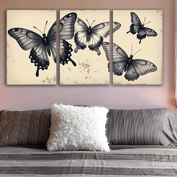 3pcs Black Butterfly Canvas Art Prints - Frameless, Monochrome Butterfly Wall Decor for Living Room, Bedroom, Office & Bar - Ideal for Home Decor & Gifts, Butterfly Decorations