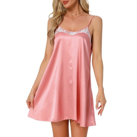 INSPIRE CHIC Women s Nightgown Lingerie Lace Trim Sleep Dress Silky Satin Chemise Babydoll Cami Short Sleepwear S Pink