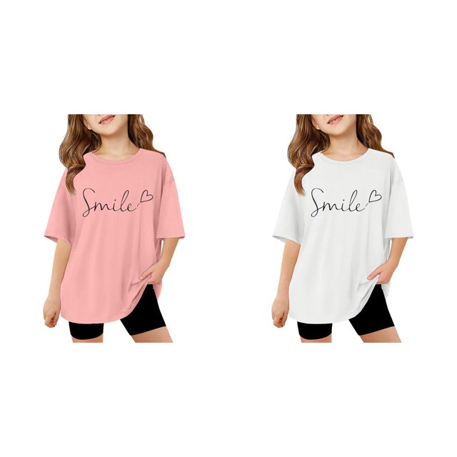 (2-Pack) Rinsvye Kids Short Sleeve Letter Design T Shirt Comfortable Tops And Girls Everyday Wear Durable Lightweight Apparel