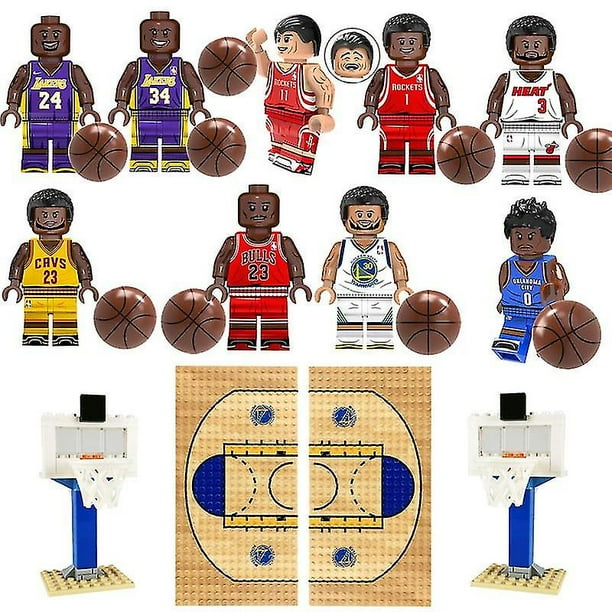 Juego de bloques de construcción de baloncesto de la NBA, minifigura de estrella de baloncesto, cancha de baloncesto, soporte de baloncesto