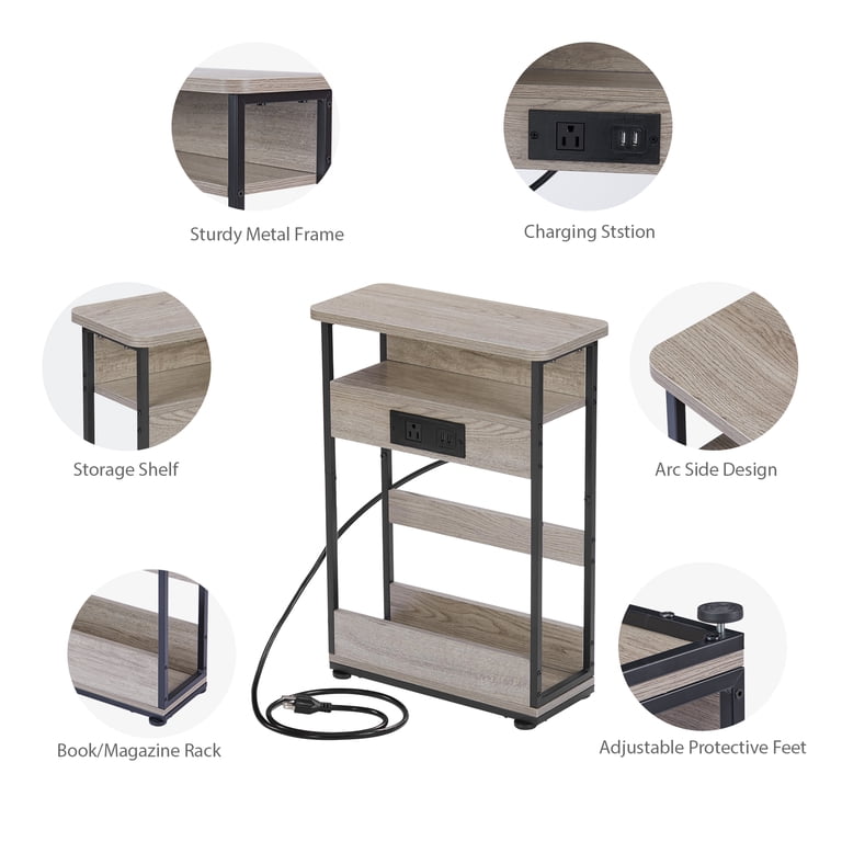 ZEXVIDA Narrow Side Table with Charging Station, Oak photo 4