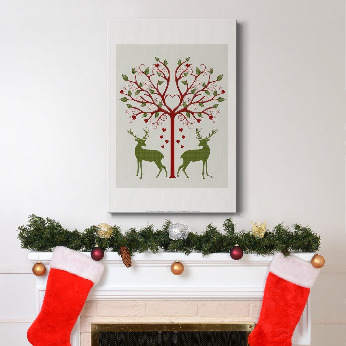 Christmas Des - Deer and Heart Tree, On Cream- Gallery Wrapped Canvas