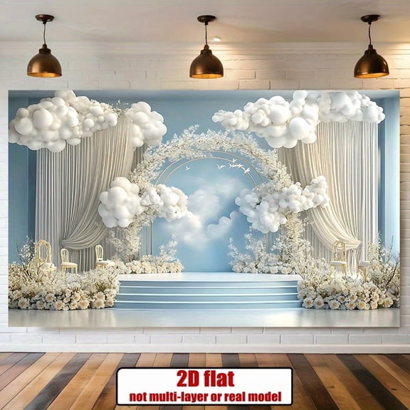 White Clouds Floral Archway Wedding Backdrop Pastel Blue Sky Bridal Shower Background Boho White Curtain Engagement Party Decorations Supplies Cake Table Banner Photo Booth Props
