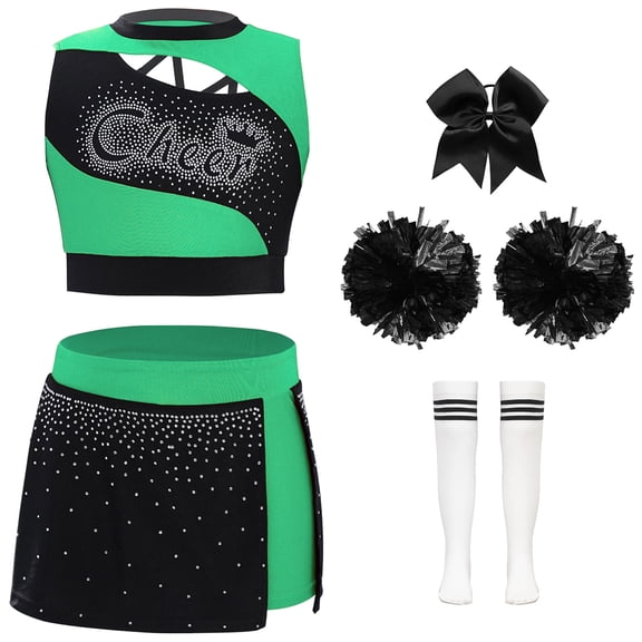 YiZYiF Girls 5Pcs Cheerleading Uniform Shiny Crop Tops Dance Skirt and Pom Pom Headband Socks Set A Green Black 16