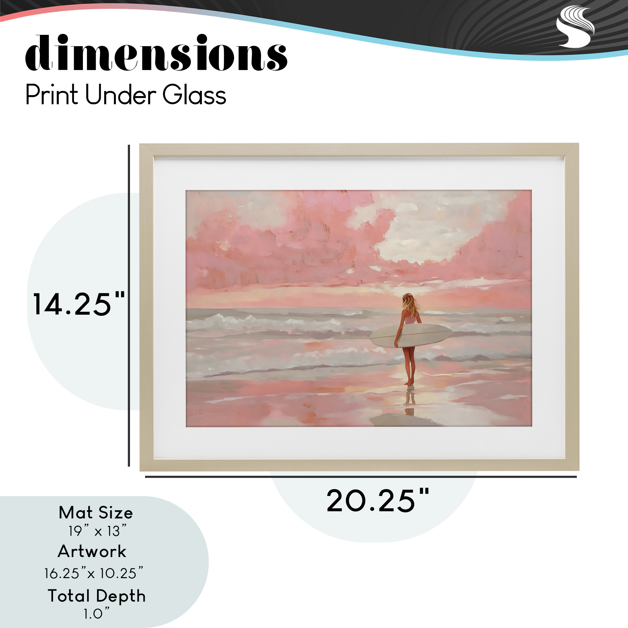 Pink Sky Surfer Birch Framed Print Under Glass, design by LSR Design Studio