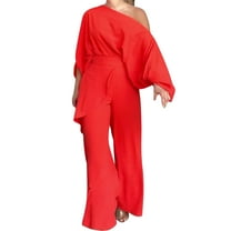 qolati Plus Size Mother of The Bride Pant Suits 2 Piece Chiffon Sets Ruffle Asymmetric Layers Dressy Wedding Guest Outfit with High Low Hem Red M 6