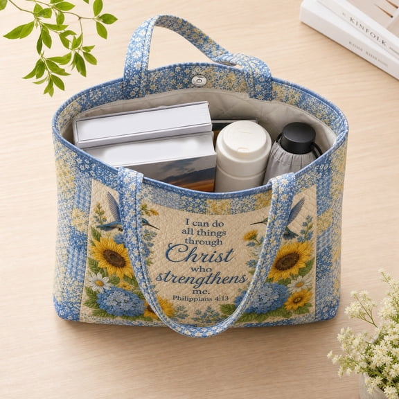 Retro Floral Hummingbird Sunflower Tote Bag, 14.96in Vintage Casual Patchwork Scripture Handbag, Large Capacity Daily Shopping & Church Carry Bag for Women by XSAOP