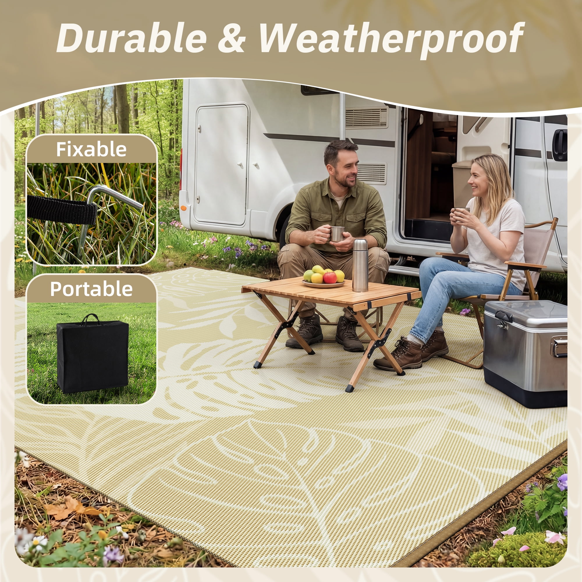 SIXHOME Outdoor Rug 5'x8' Waterproof Reversible Patio Rug Boho Geometric Indoor Outdoor Rugs Lightweight Plastic Straw Ourdoor Carpet for RV Camping Deck Balcony Modern Porch Decor Beige