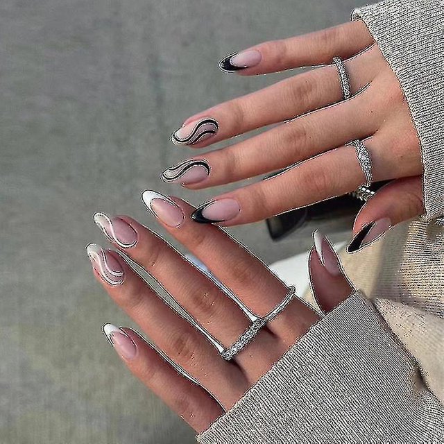 24 unidades de uñas para mujer, estilo ovalado, estilo francés, blanco y negro, con diseño de pato mandarín, para verano, herramientas de manicura de bricolaje, pegatinas de cobertura total