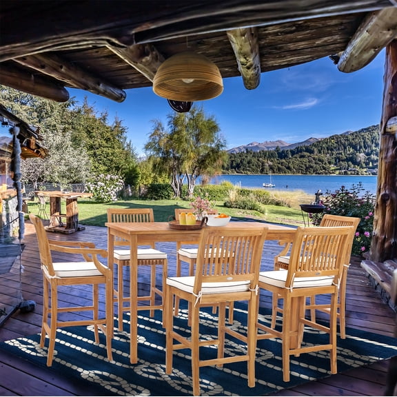 7 Piece Teak Wood Castle 63" Rectangular Outdoor Patio Bistro Bar Set including 2 Barstools with Arms and 4 Barstools