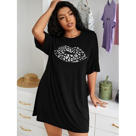 

Women s Plus Lips Print Night Dress 5XL(22) Black Casual F22001D