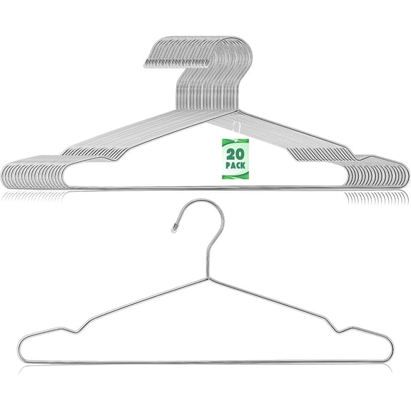 Jeffbaubl 20 Pack Wire Hangers, 16.5 Inch Stainless Steel Coat Hanger, Metal Clothes Hangers with Non Slip Notch, Heavy Duty Closet Hanger Ultra Thin Space Saving for Hanging Coats Shirts T-Shirt