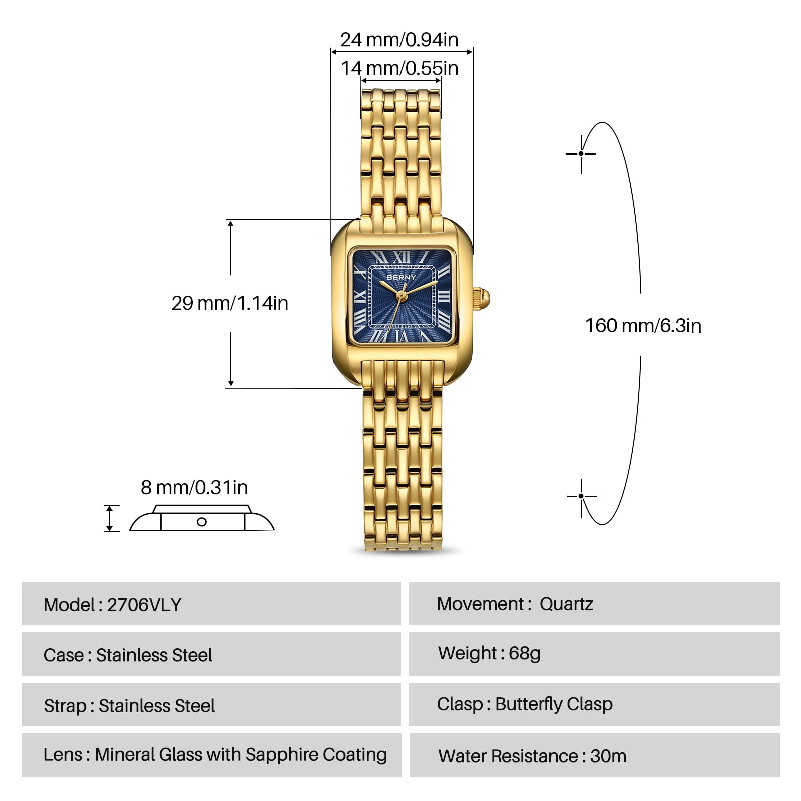 BERNY Gold Watches for Women, Square Dainty Ladies Analog Quartz Watch with Roman Numeral, Stainless Steel Bracelet Watch, Classic Waterproof Women Wristwatch Gift, Blue
