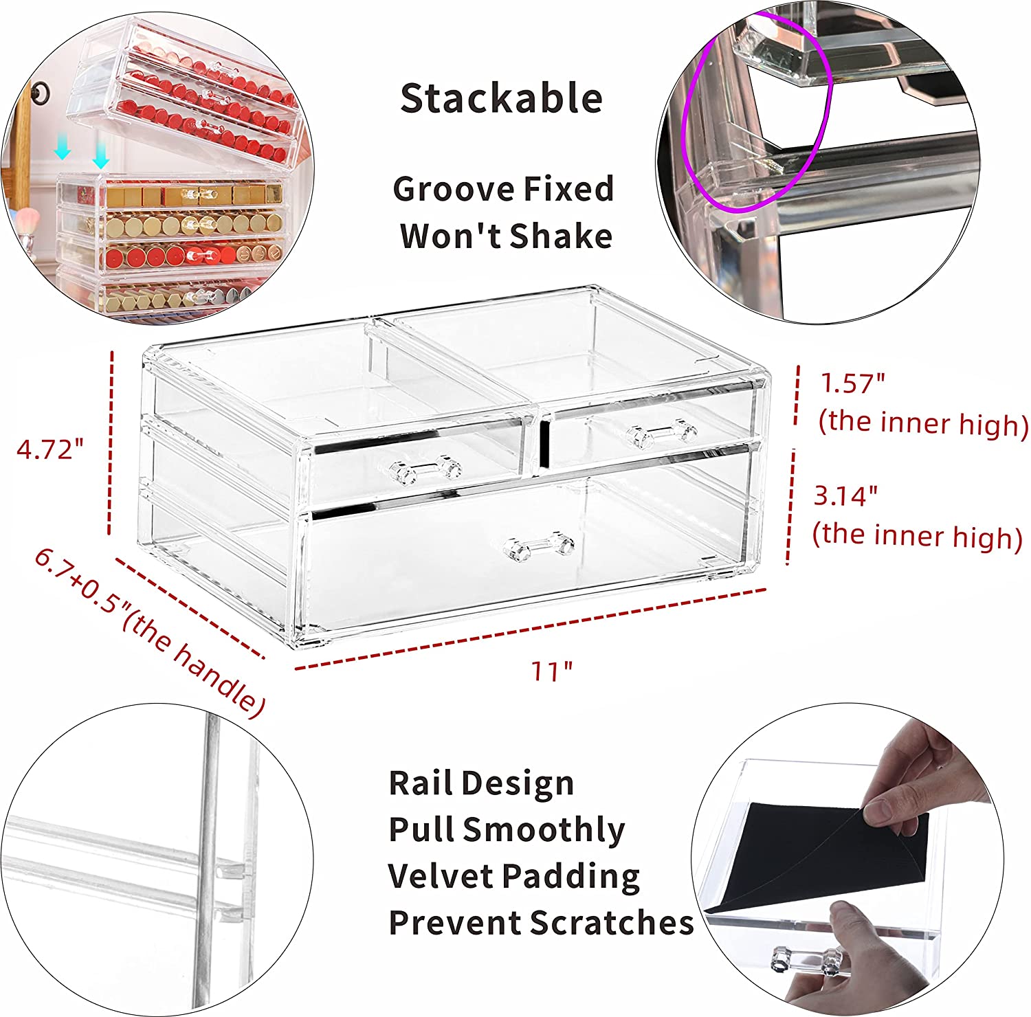 Cq acrylic Countertop Stackable Drawers Bathroom Cabinet Organizer Clear Organizing Bins For Cosmetics Organizer Jewelry Hair Accessories Nail Polish Lipstick Make up Marker Pen Medicine Storage