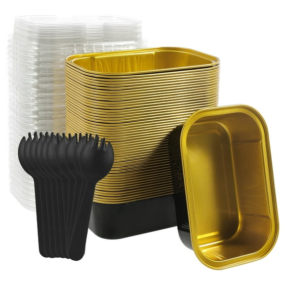 50Pcs Aluminum Pans with Lids Rectangle Aluminum Foil Baking Pans with Forks 6.8 oz Mini Loaf Pans Heat Resistant Foil Baking Trays Foil Cake Pans for Baking Cake Bread
