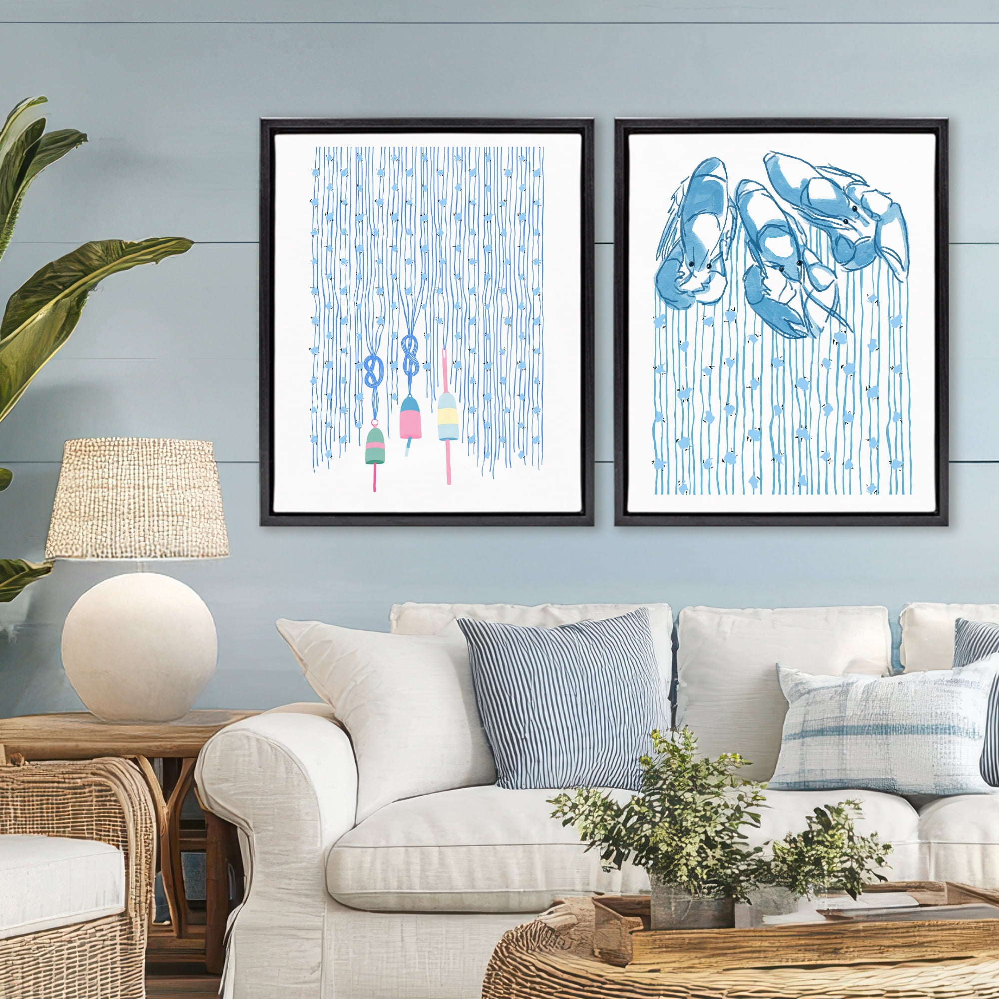 Stupell Industries Nautical Buoys & Lobsters 2 Piece Black Framed Floater Canvas Set, design by Melissa Tilley