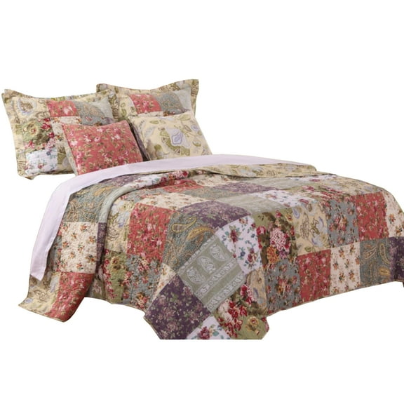 Benjara Chicago 5 Piece Fabric Queen Size Quilt Set with Jacobean Prints,Multicolor