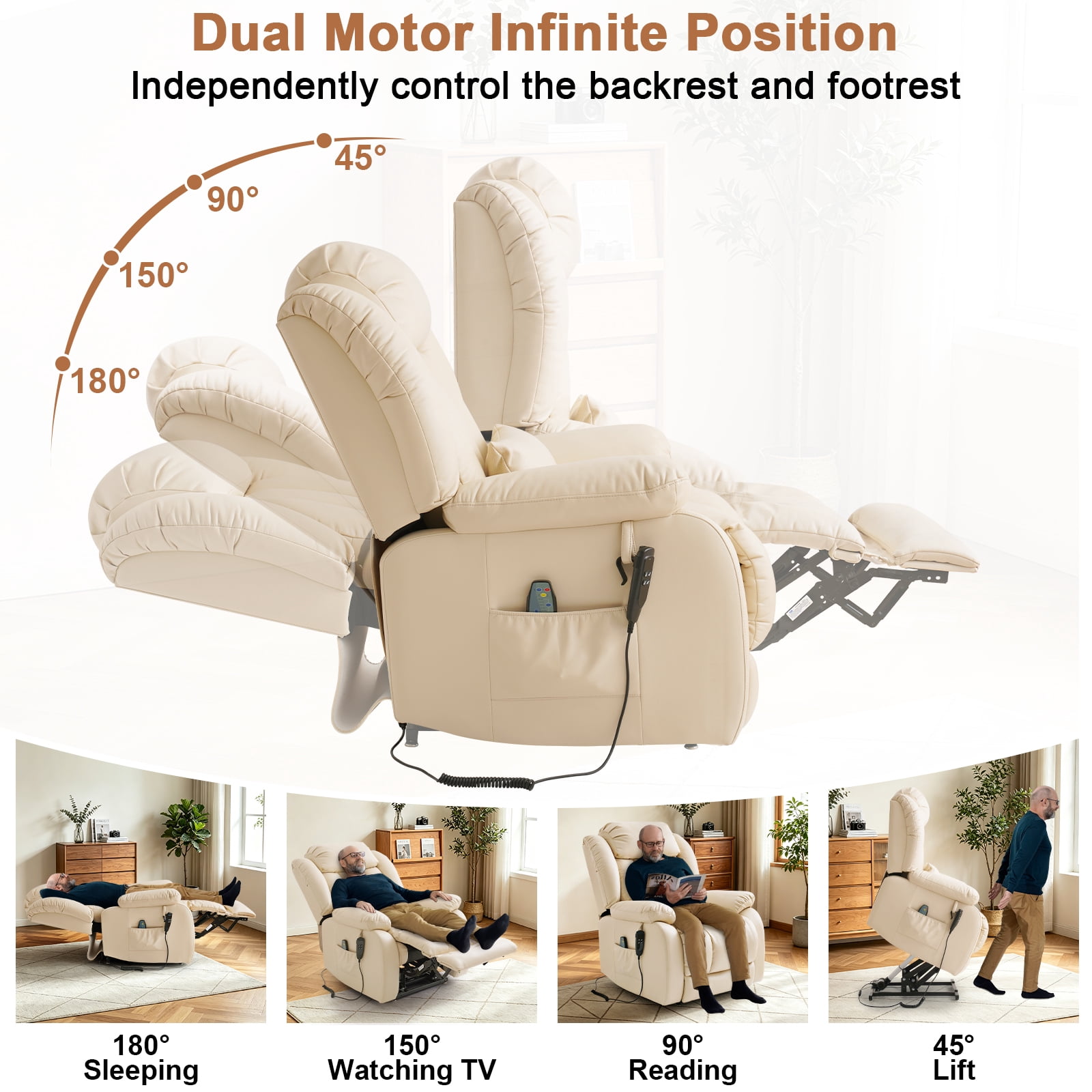 TEKAMON Infinite Position Lift Recliner Chair for Elderly with Heat Massage and Extended Footrest Lay Flat Sleeping Leather Dual Motor Power Lift Chair for Living Room (Beige)