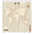 thumbnail image 3 of World Map Shower Curtain, Old World Map with Windrose Lighthouse Lifebuoy Yacht and Continents, Fabric Bathroom Set with Hooks, 69W X 84L Inches Extra Long, Eggshell Tan Beige, by Ambesonne, 3 of 3