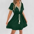 thumbnail image 6 of Efsteb Womens A line V Neck Dress with Pockets Solid Color Short Sleeve Waist Retraction Dress (Green,L), 6 of 7