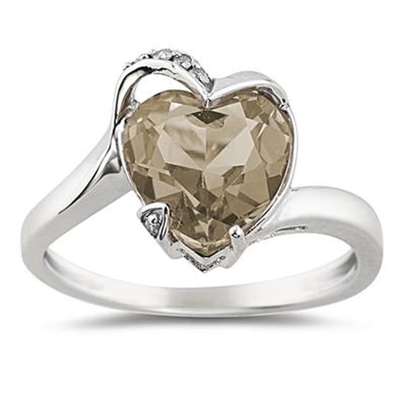 SZUL Women's Heart Shaped Smokey Quartz and Diamond Ring in 14K White Gold