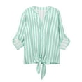 thumbnail image 7 of Tmtolofot Colorful Striped Shirts For Women 3/4 Sleeves Front Tie Tunic Blouse Female Stripes Modern Style Top Women's Casual V-Neck Tops Lightweight Comfy Pull-On Shirts,1_Green,Large, 7 of 7