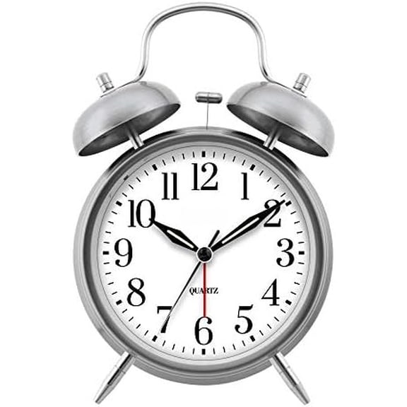 Twin Bell Alarm Clock - Loud Alarm - Great for Heavy Sleepers - Battery Operated Quartz Analog Clock (Brushed Silver)