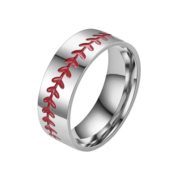 PAMTIER Baseball Stitch Pattern Rings for Men Women Stainless Steel Band with Red Seam Detail Sporty Athletic Jewelry Silver Size 13