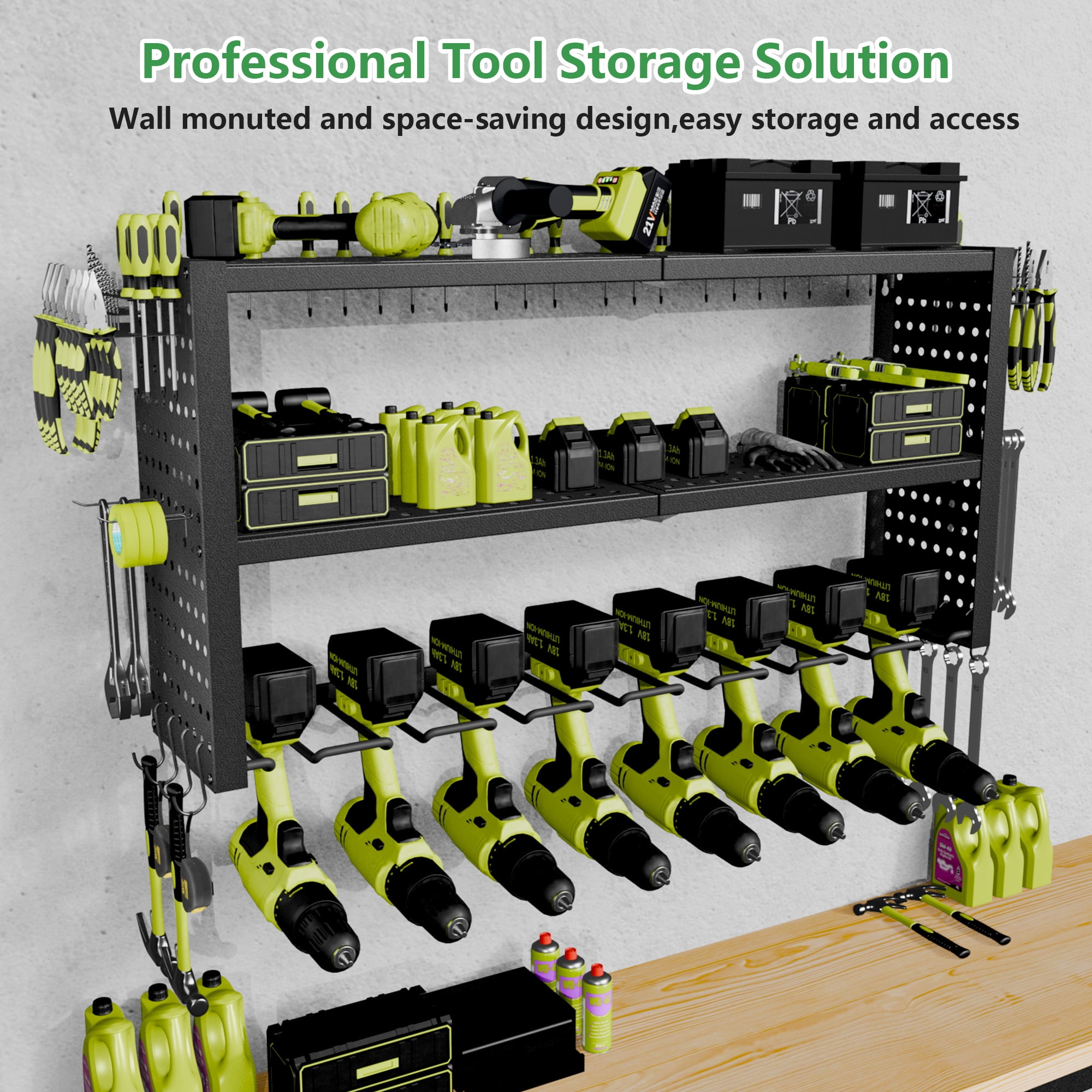 Jhsomdr Power Tool Organizer 8 Drill Holder Wall Mount, 3 Layer Garage Tool Organizer Tool Storage Shelf with Pegboard/Hooks, Utility Racks with Screwdriver/Plier/Hammer Holder