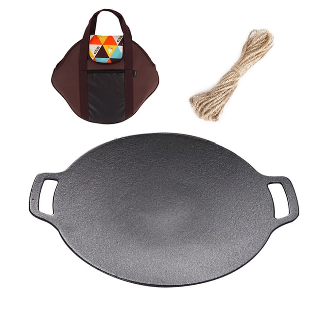 CLS Cast Iron BBQ Grill Pan for Outdoor Camping - Korean Style Steak & Meat Cooking Set with Rope & Storage Bag, Perfect for Picnics & Grilling (Set C)