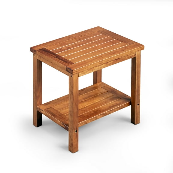 Ktaxon 2-Tier Outdoor Side Table, Wood Weather Resistant Small Patio Tables, For Garden Patio Balcony Pool Indoor, Teak
