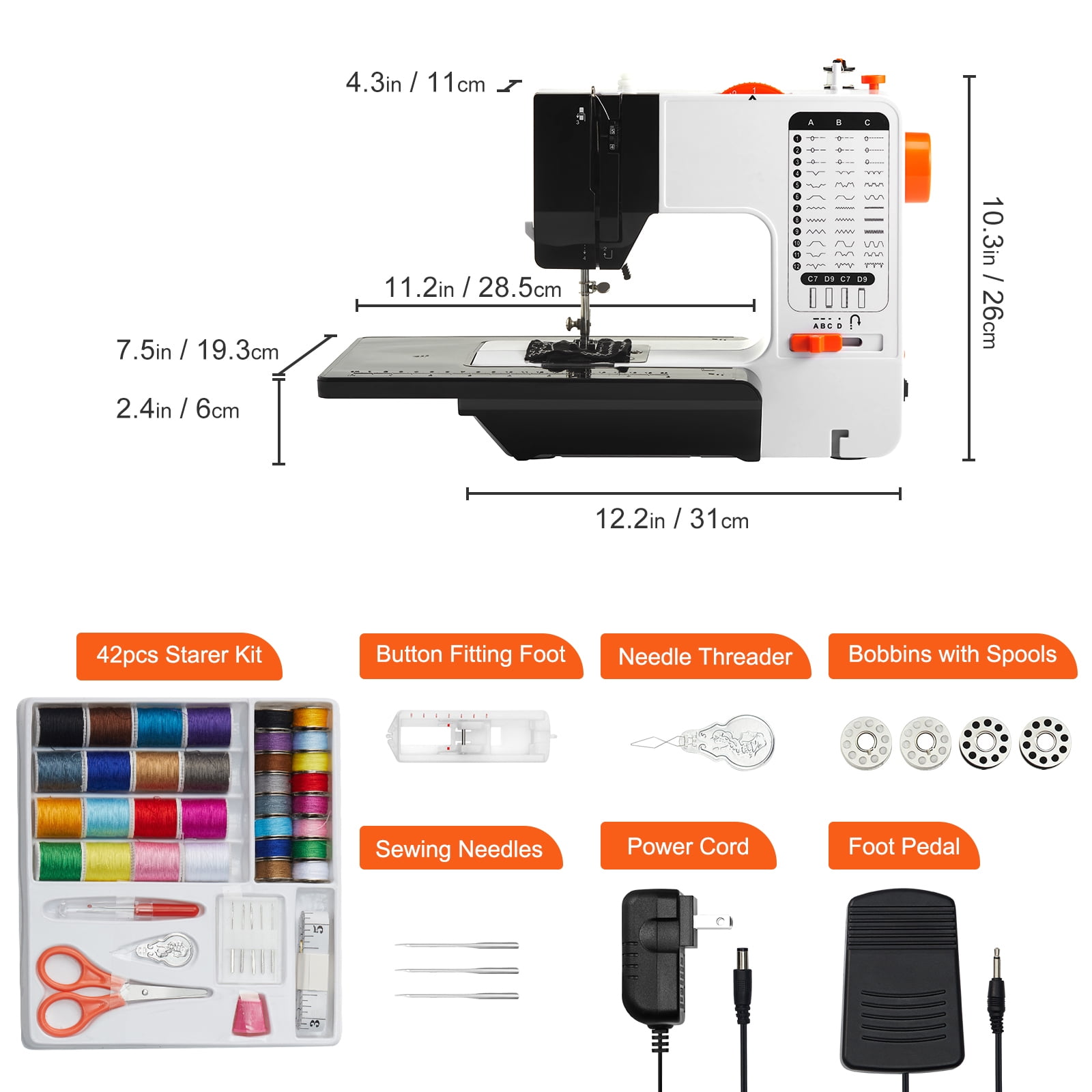 KFFKFF Portable Sewing Machine for Beginners with 38 Stitch Options, Reverse Function, Dual Speed, Extension Table, Foot Pedal, and Accessory Kit for Home and Travel Use