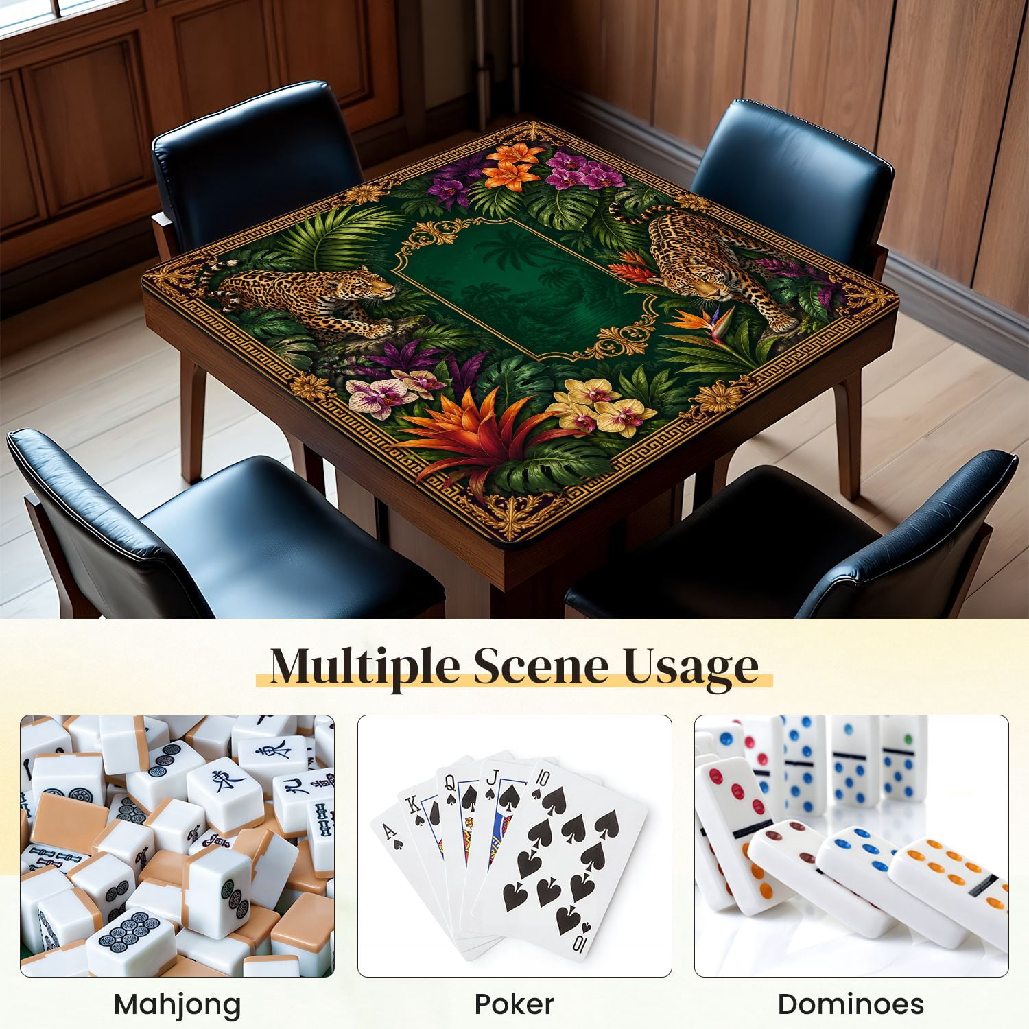 Mahjong Mat 31.5" x 31.5" Jungle Leopards Tropical Flowers Green Foliage Non-Slip Noise Reduction Mahjong Tiles Table Cover for Dominoes Poker Card Board and Tile Games