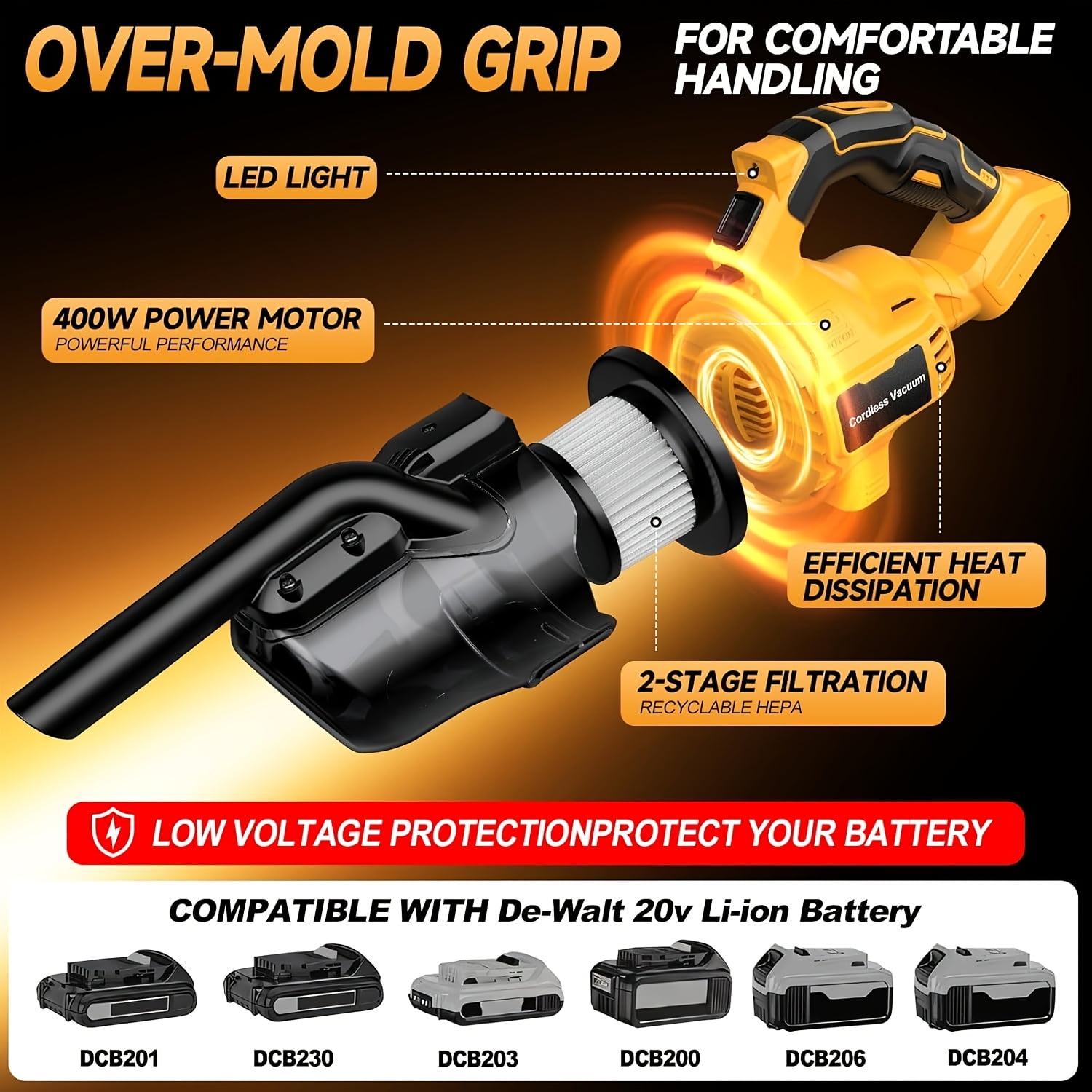 Cordless Vacuum for Dewalt 20V Battery, Portable Handheld Vacuum Cleaner with 2 HEPA Filter, Power Shop Vacuum for Home, Car, Floor, Carpet (Battery Not Included)