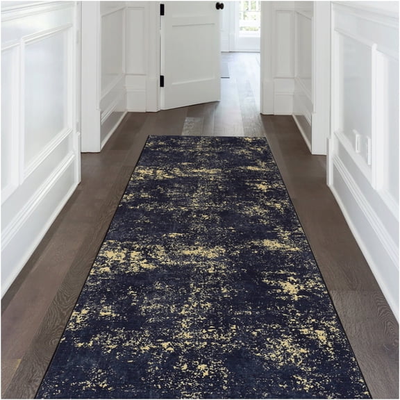JERFIT Machine Washable Runner Rug 2x10 Feet, Non-Slip Low Pile Indoor Carpet for Hallway Kitchen, Black and Gold Boho Chenille Rug, Pet & Kids Friendly